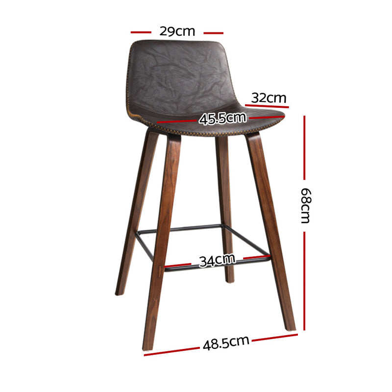 2 x Rustic PU Leather Bar Stools Square Footrest - Wood and Brown