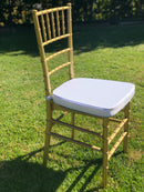 Gold Tiffany Chair | Gold Chiavari Chair | Resin with White Cushion
