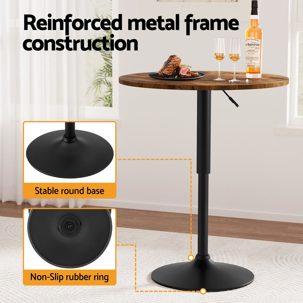 Height Adjustable Bar Table 360 Swivel Round Gaslift Design 60cm Rustic Brown Black
