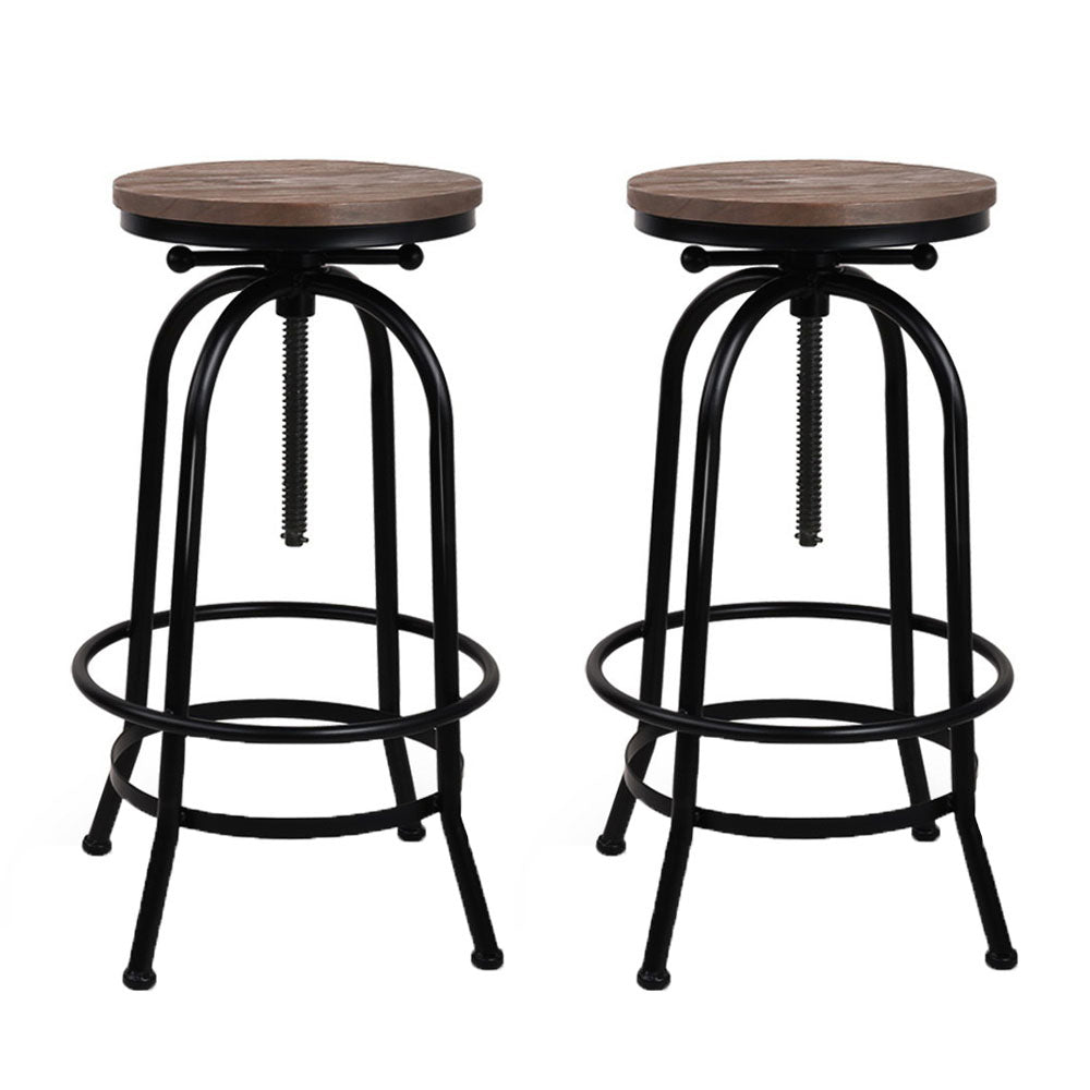 Rustic Industrial 2x Bar Stools Adjustable Wood Chairs