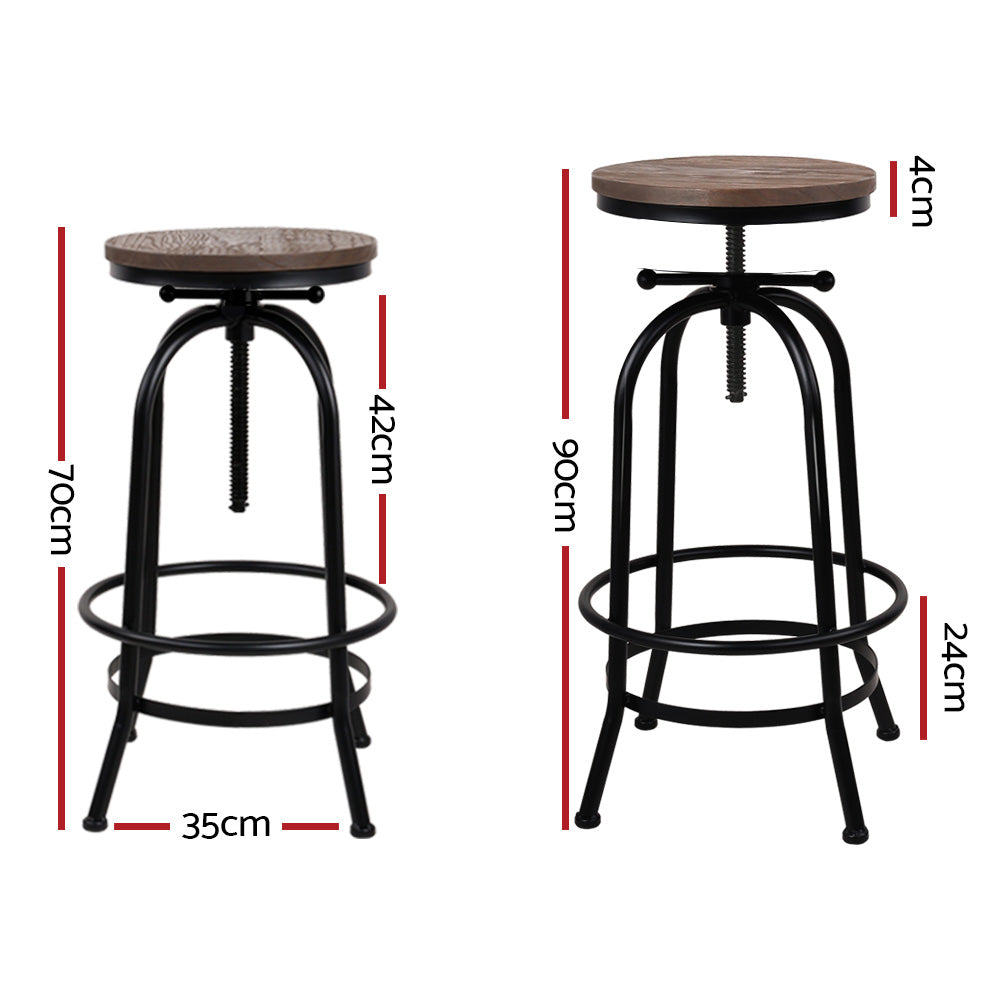 Rustic Industrial 2x Bar Stools Adjustable Wood Chairs