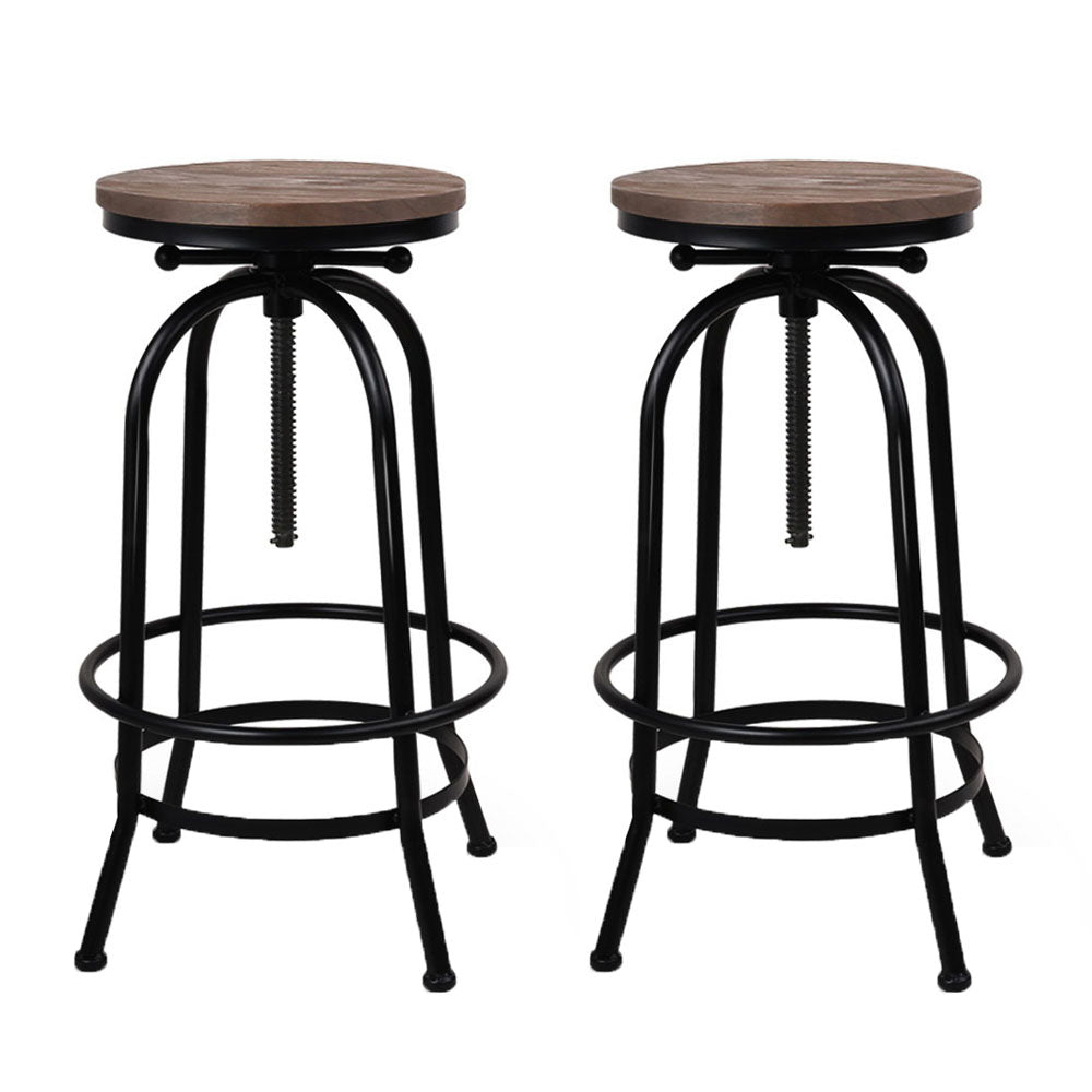 Rustic Industrial 2x Bar Stools Adjustable Wood Chairs