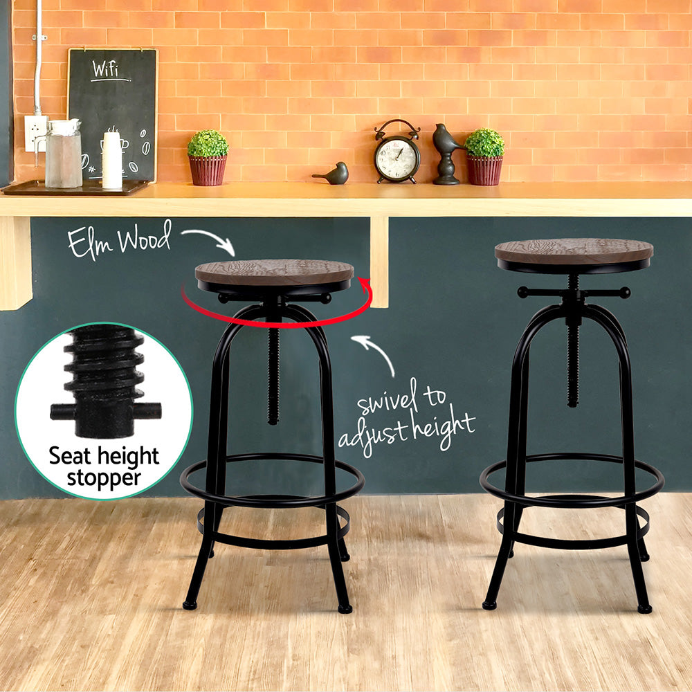 Rustic Industrial 2x Bar Stools Adjustable Wood Chairs