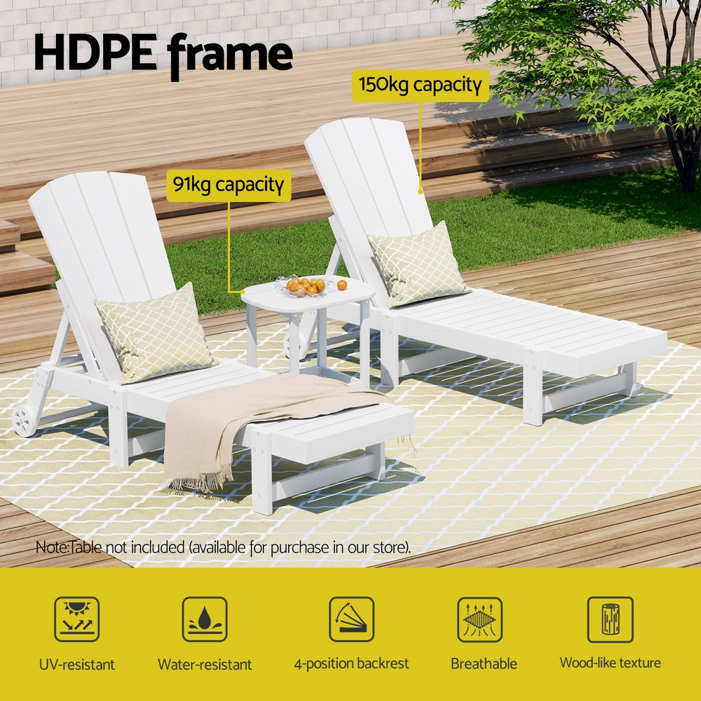 Gardeon Sun Lounge Lounger Table and Chairs Beach Chair Adirondack HDPE Patio Outdoor Furniture Wheels White