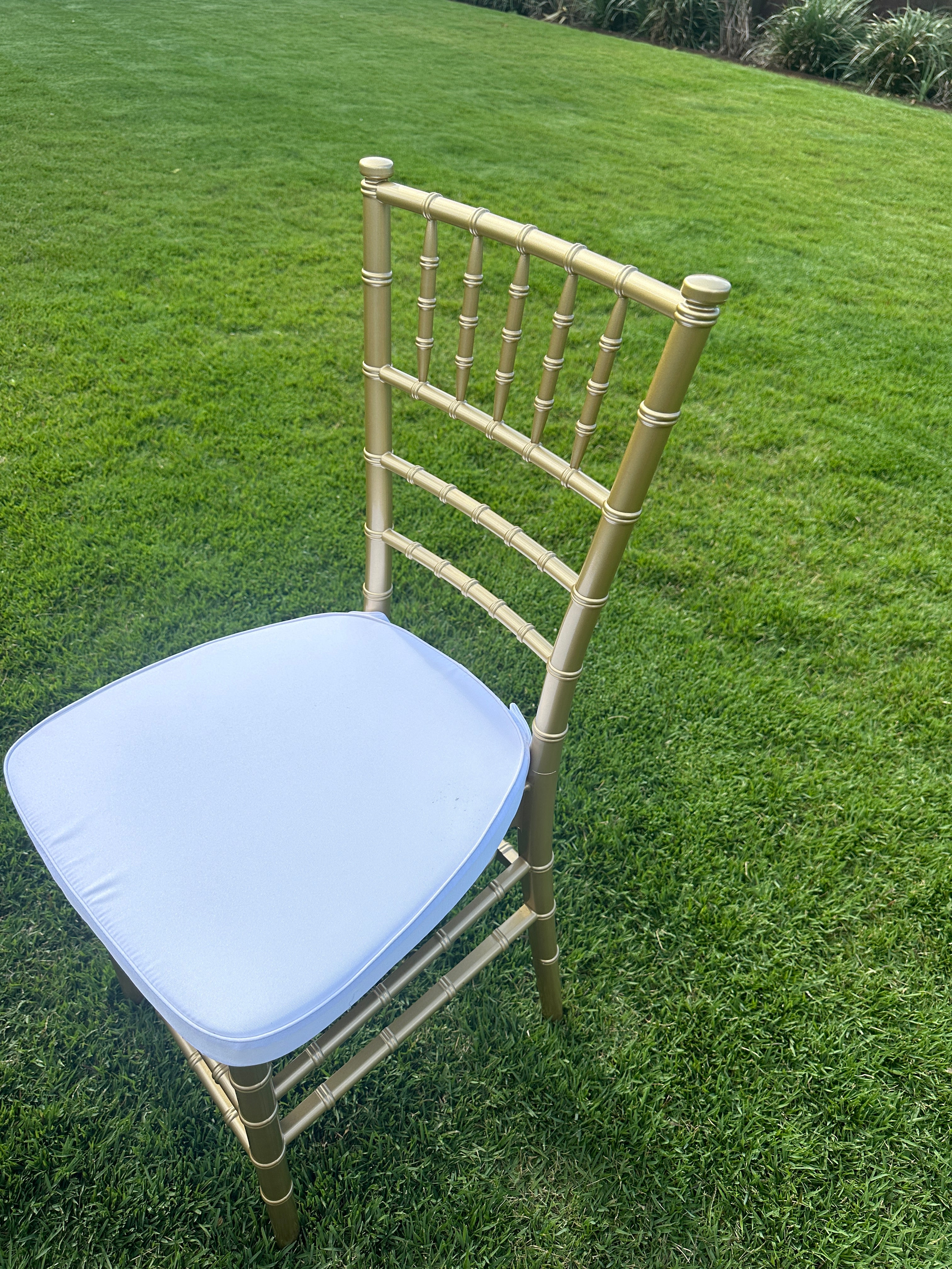 Gold Tiffany Chair | Gold Chiavari Chair | Resin with White Cushion