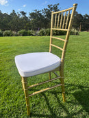 Gold Tiffany Chair | Gold Chiavari Chair | Resin with White Cushion