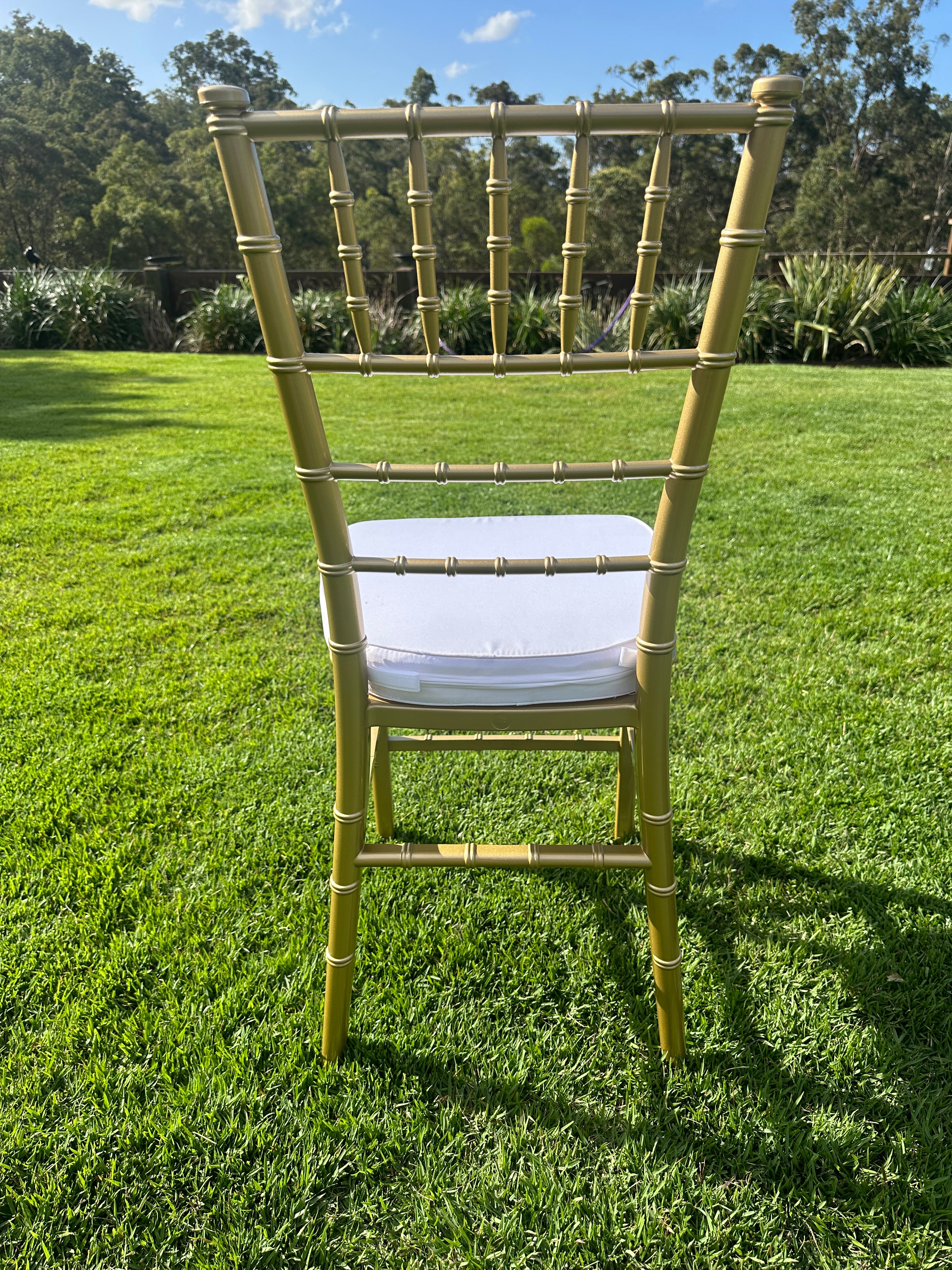 Gold Tiffany Chair | Gold Chiavari Chair | Resin with White Cushion