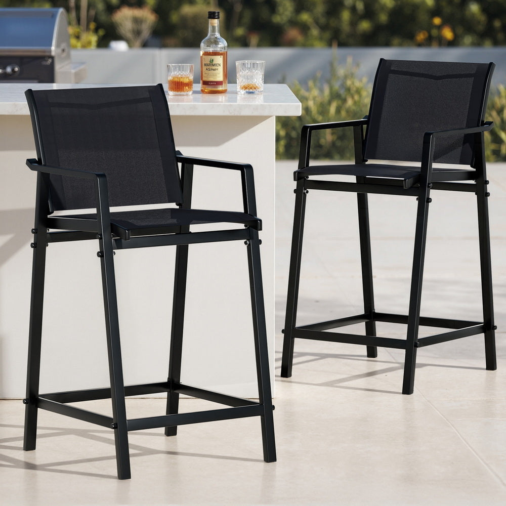 2PC Outdoor Bar Stools Steel Dining Chairs Patio Furniture Garden Black