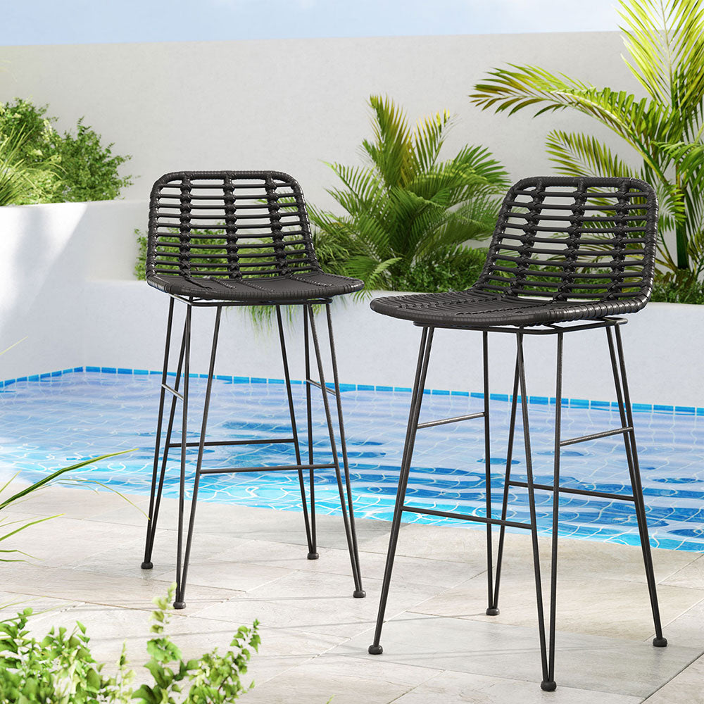 2x Outdoor Bar Stools Rattan Black