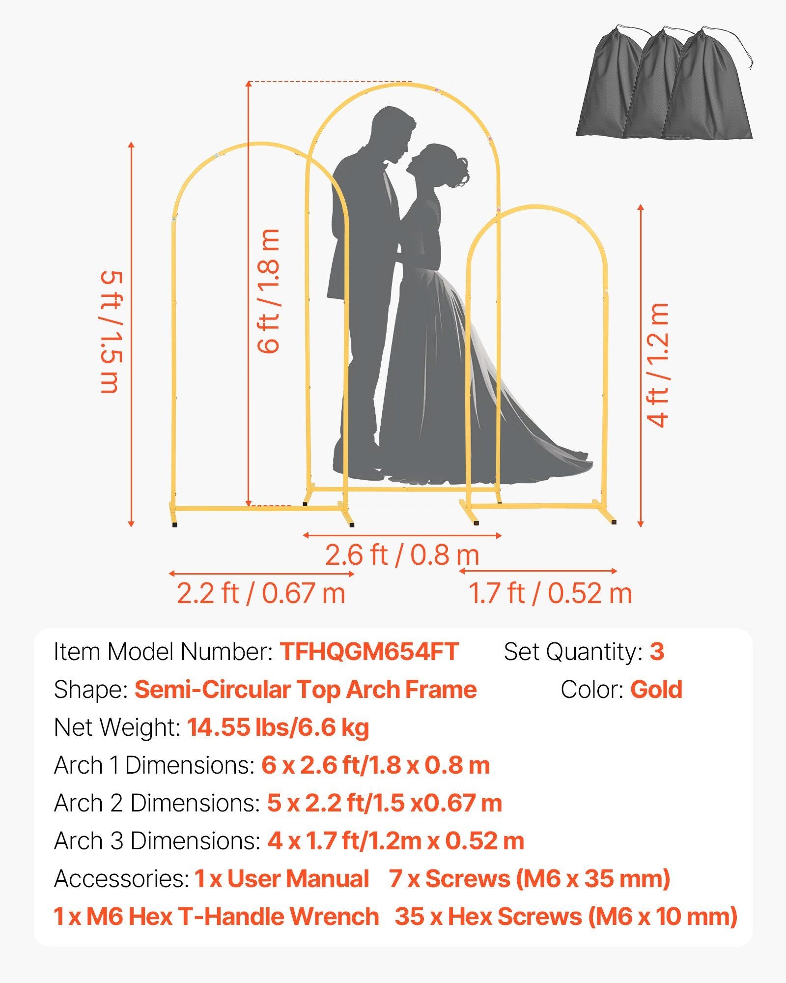 Arch Backdrop Stand, Set of 3, 1.8/1.5/1.2 m, Stable Structure, Easy Assembly, Gold Metal Arch Backdrop Stand for Wedding, Birthday Party, Graduation, Celebration, and Ceremony Decoration