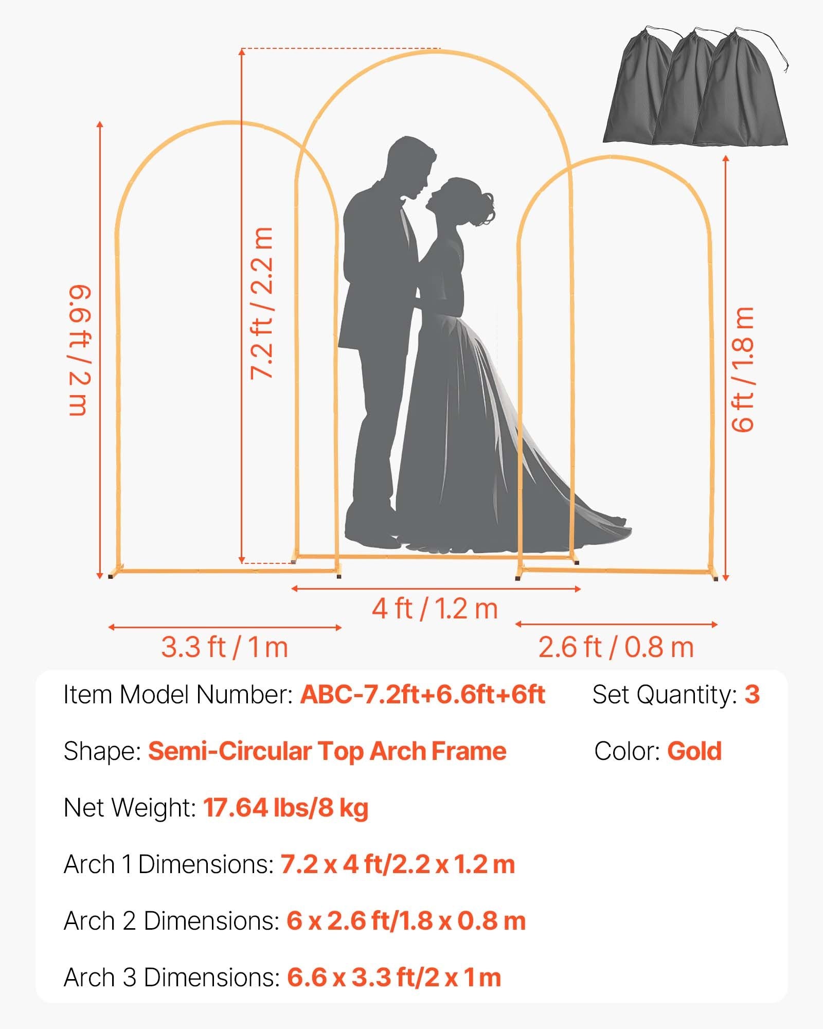 Arch Backdrop Stand, Set of 3, 2.2/2/1.8 m , Stable Structure, Easy Assembly, Gold Metal Arch Backdrop Stand for Wedding, Birthday Party, Graduation, Holiday Celebration, and Ceremony Decoration