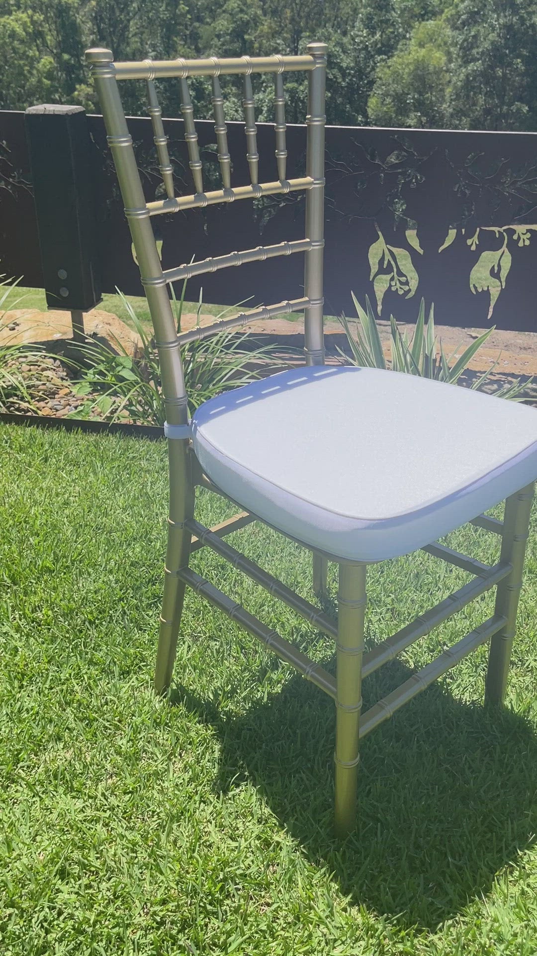 Gold Tiffany Chair | Gold Chiavari Chair | Resin with White Cushion