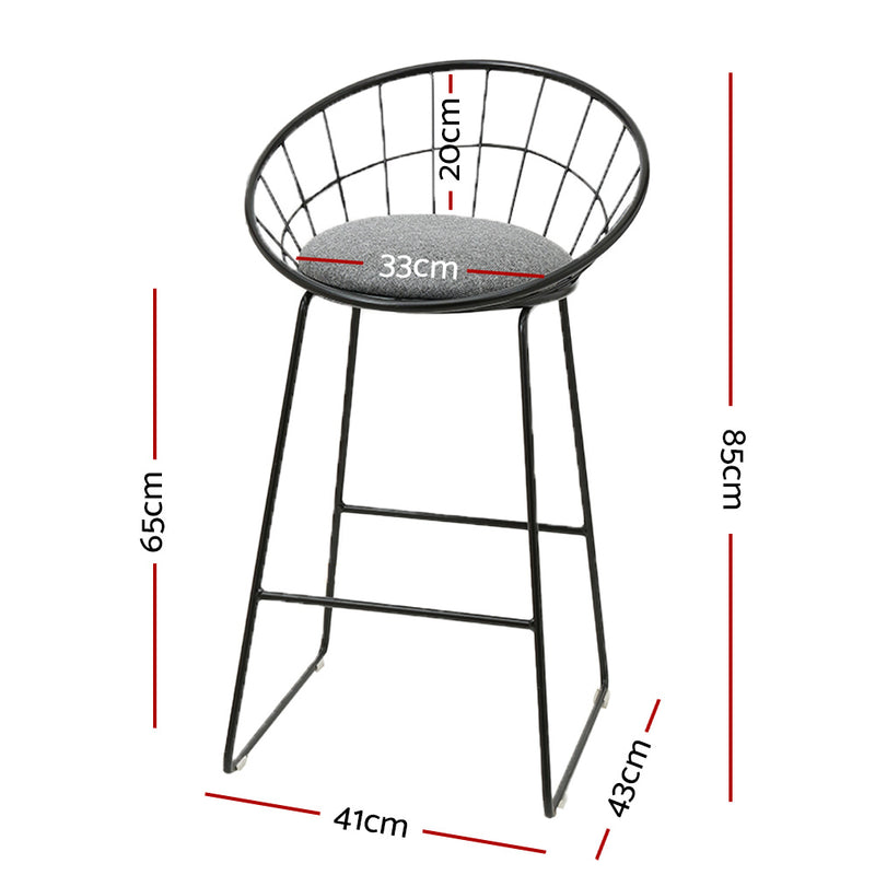 2 Bar Stools Steel Fabric - Grey and Black