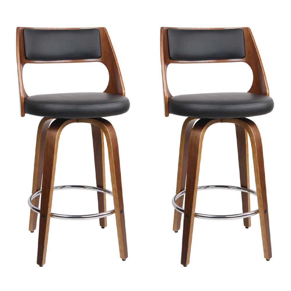 2 Wooden Swivel Bar Stools - Black, Wood and Chrome