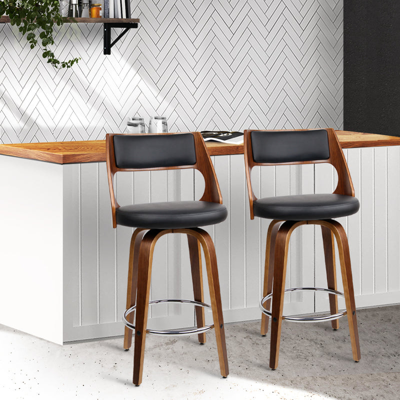 2 Wooden Swivel Bar Stools - Black, Wood and Chrome