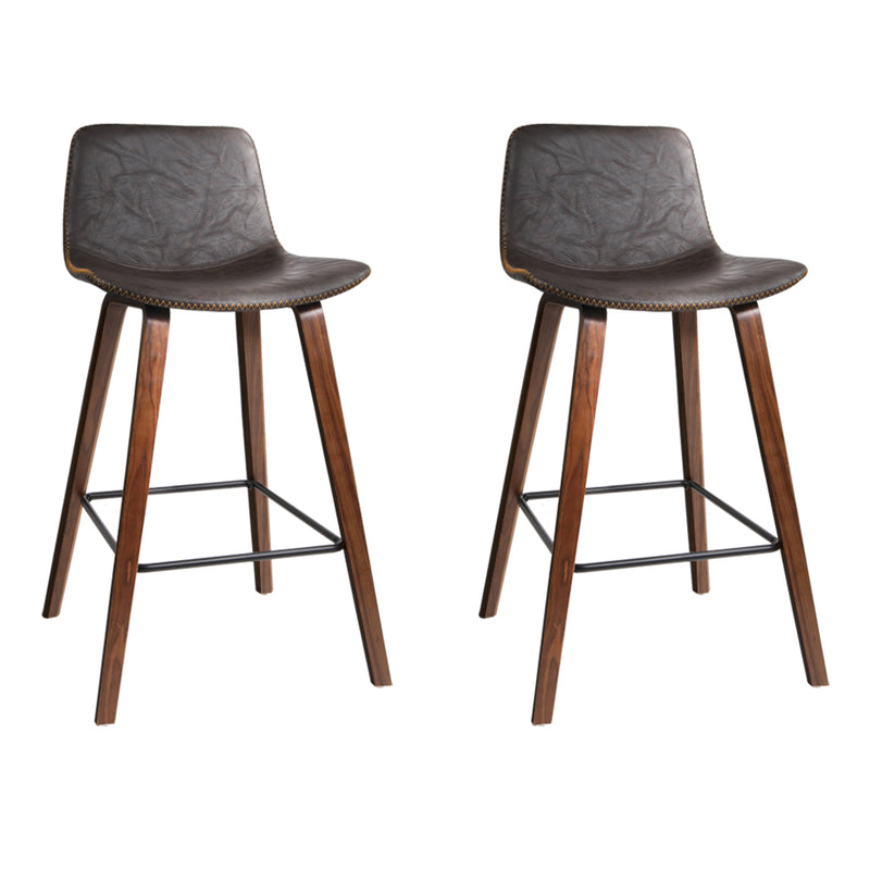 2 x Rustic PU Leather Bar Stools Square Footrest - Wood and Brown