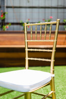 Gold Tiffany Chair | Gold Chiavari Chair | Resin with White Cushion