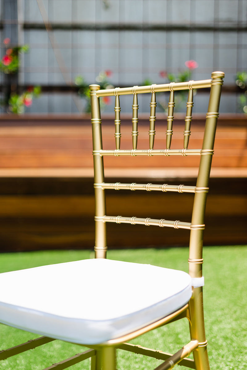 Gold Tiffany Chair | Gold Chiavari Chair | Resin with White Cushion -$63 each