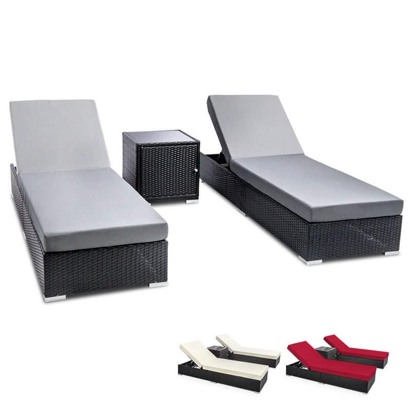 Double Sunlounge Set with Table & Cover - BLACK/GREY