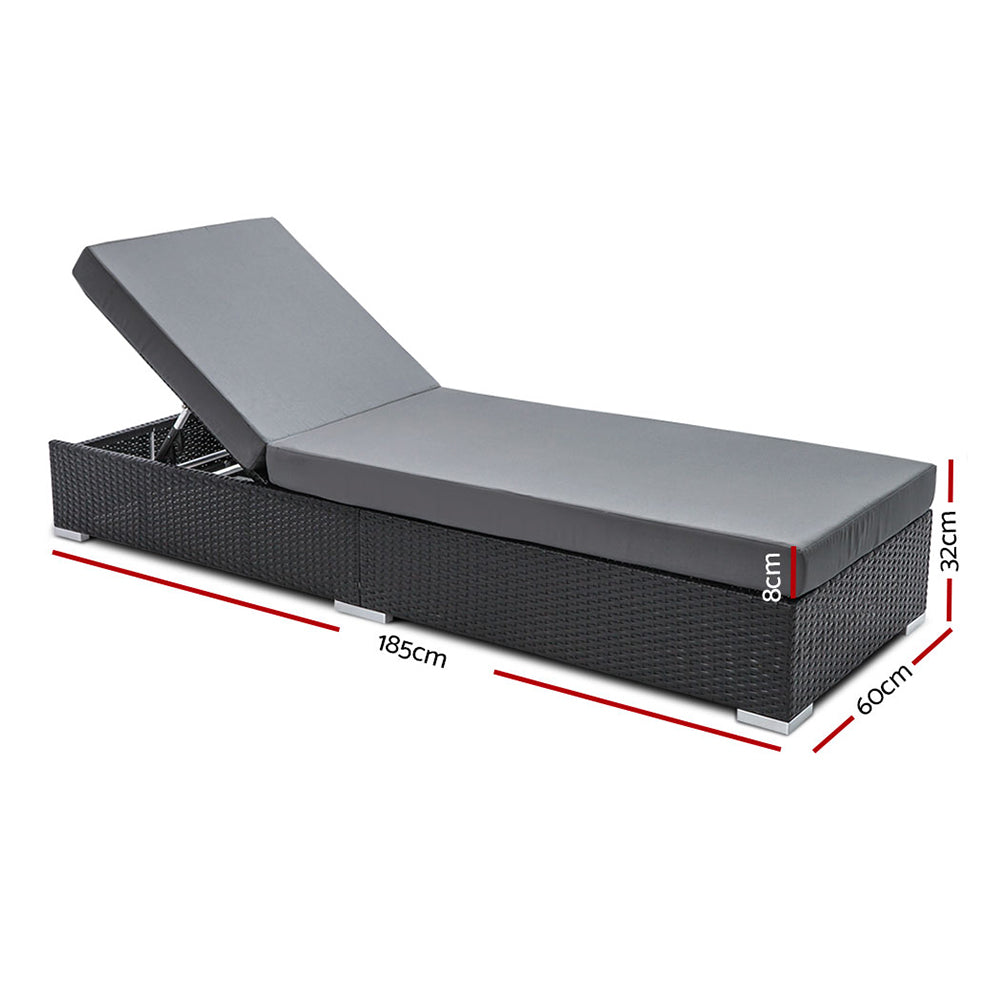 Double Sunlounge Set with Table & Cover - BLACK/GREY