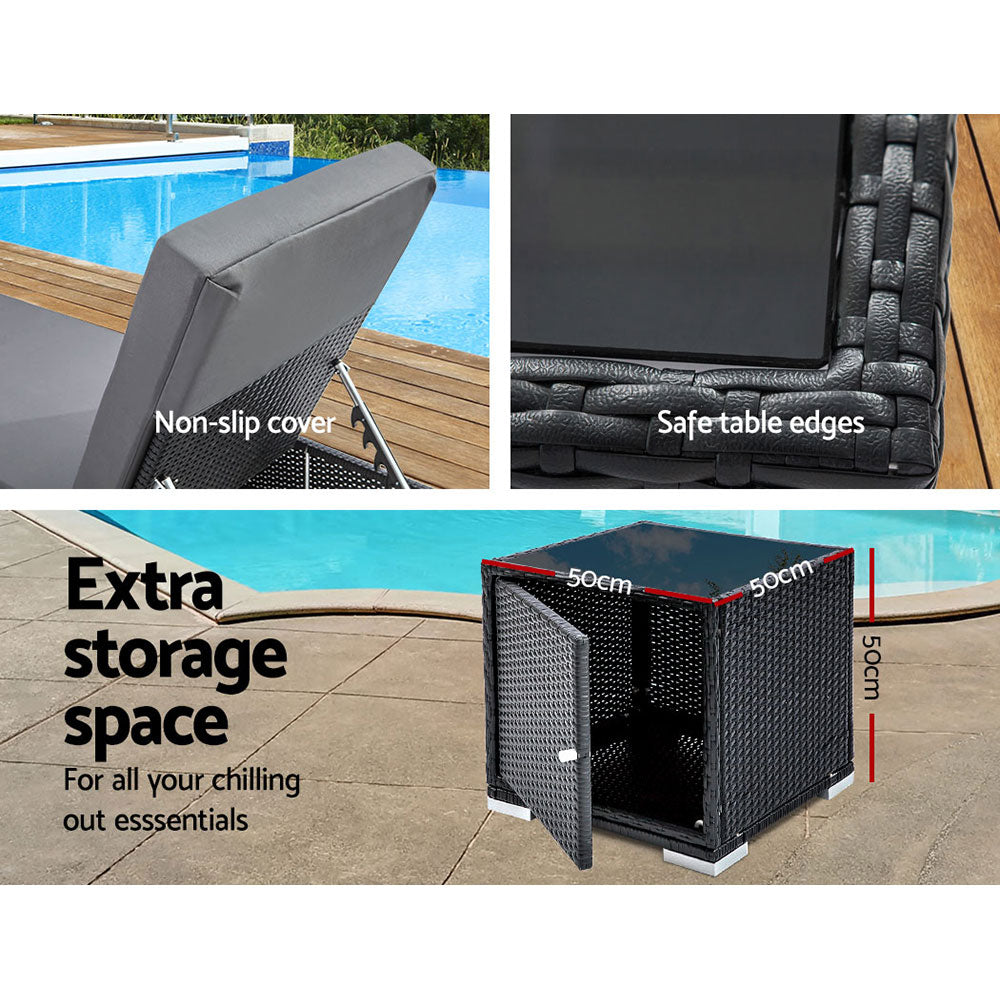 Double Sunlounge Set with Table & Cover - BLACK/GREY