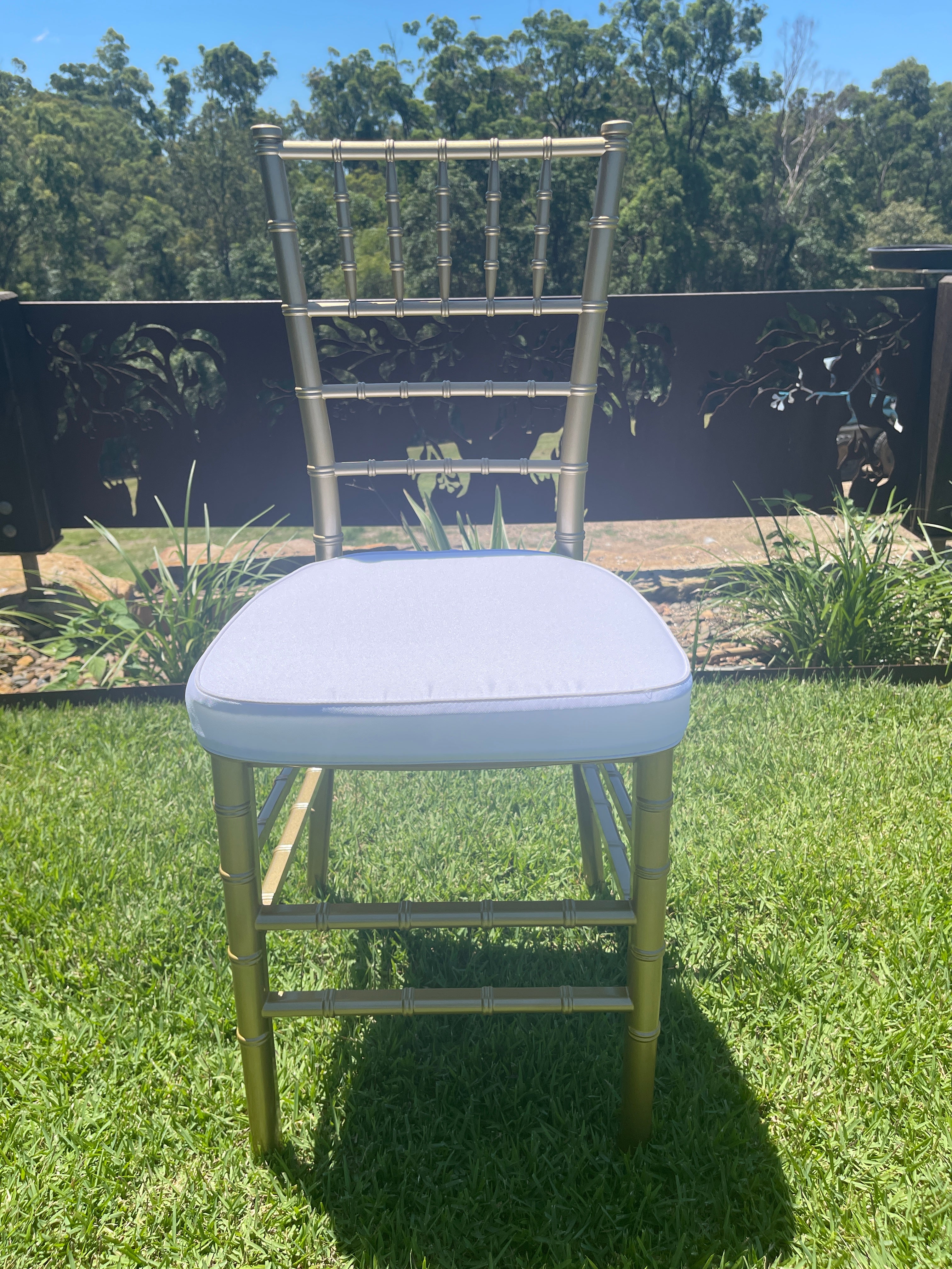 Gold Tiffany Chair | Gold Chiavari Chair | Resin with White Cushion