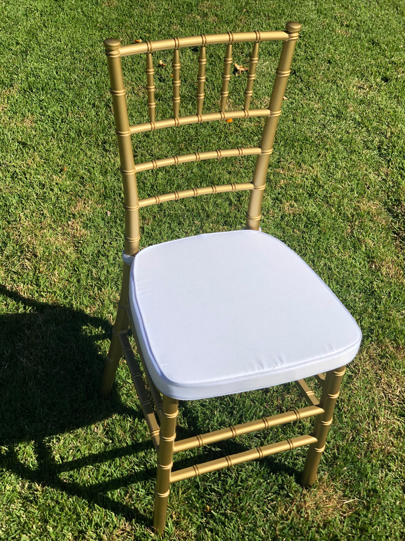 Gold Tiffany Chair | Gold Chiavari Chair | Resin with White Cushion -$63 each