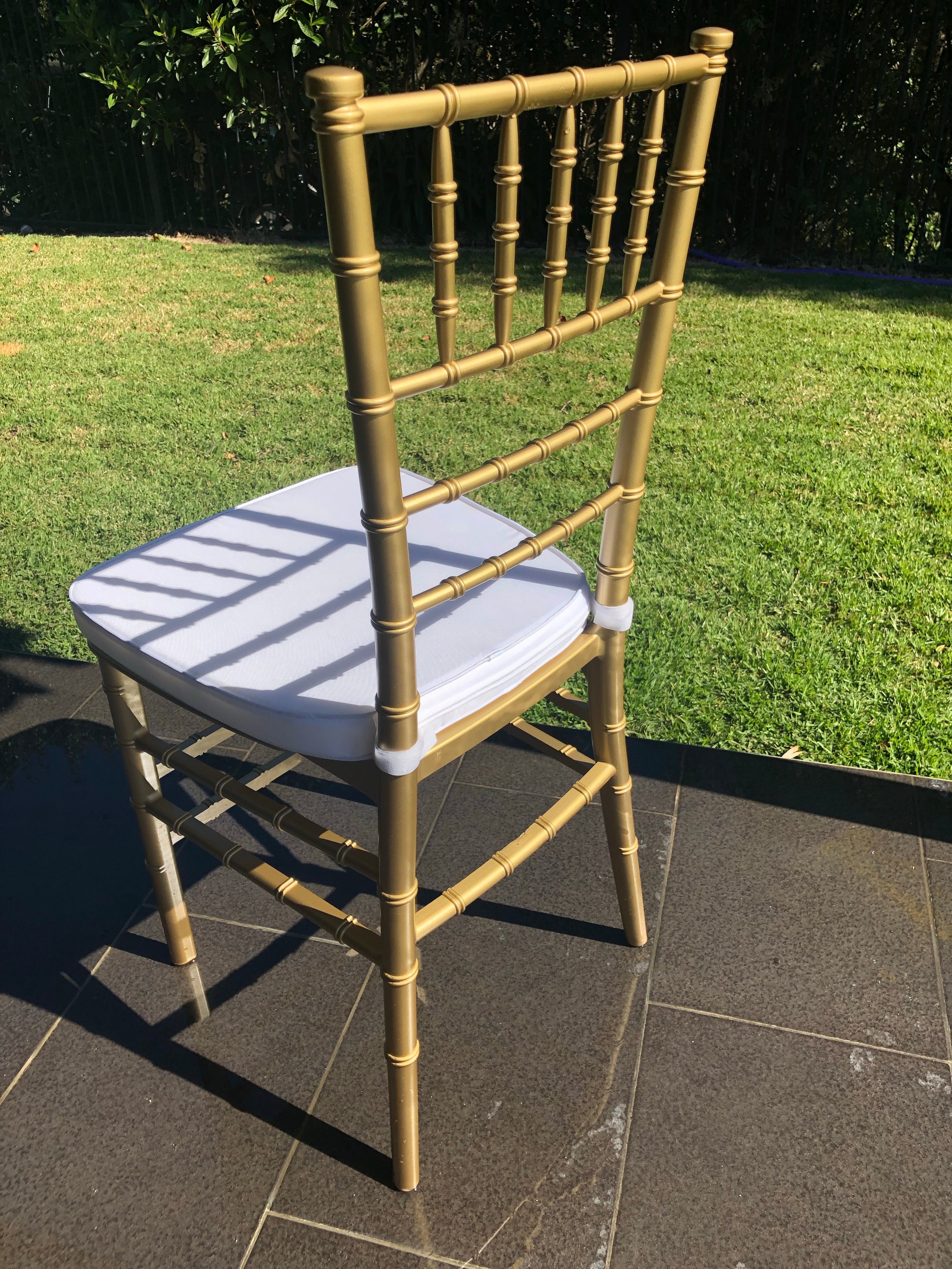 Gold Tiffany Chair | Gold Chiavari Chair | Resin with White Cushion