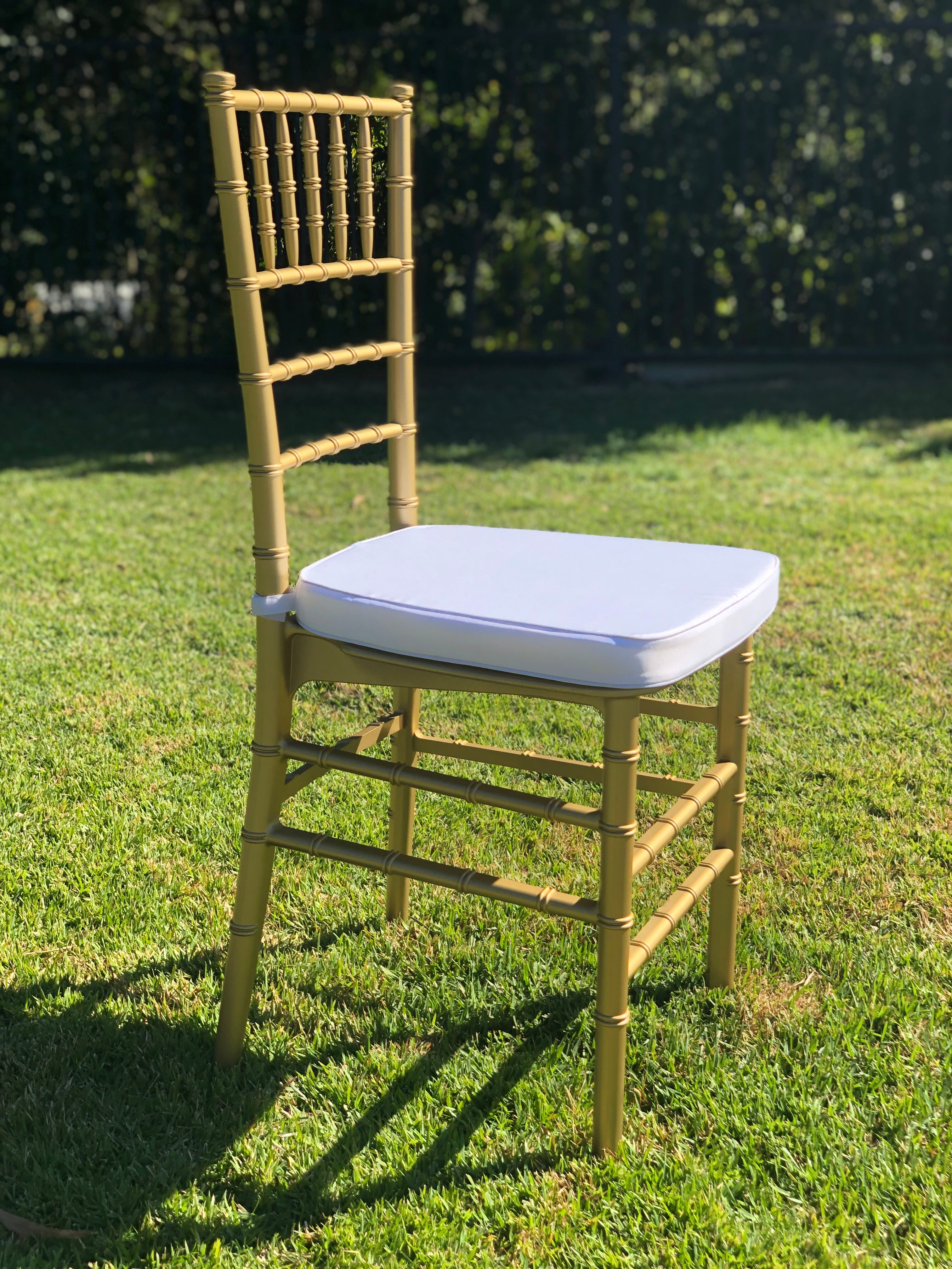 Gold Tiffany Chair | Gold Chiavari Chair | Resin with White Cushion